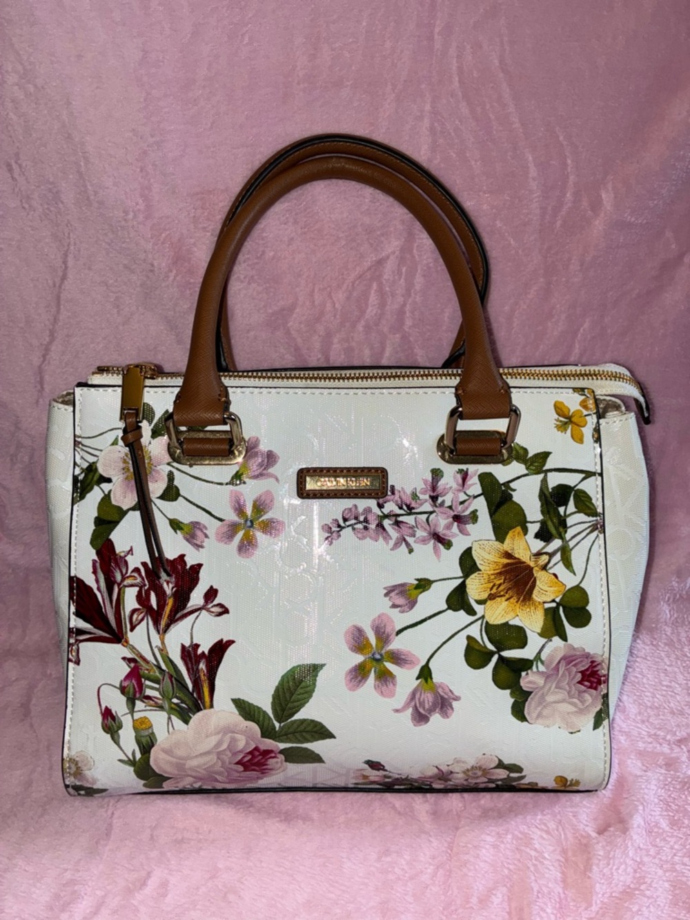 EUC! Beautiful Calvin Klein Monogram Floral Satchel/Crossbody w/Brown Strap - Picture 2 of 11